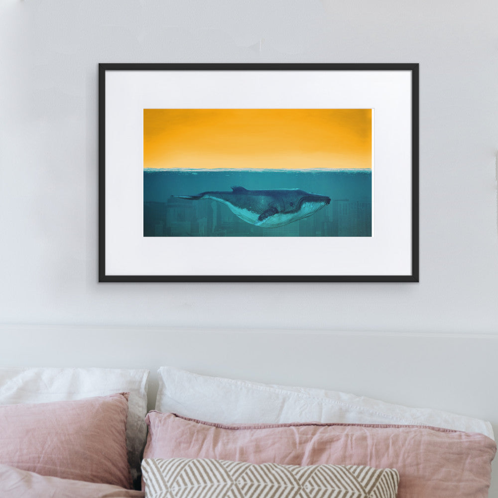 Whale Deep Blue City Framed Print With Mat Board