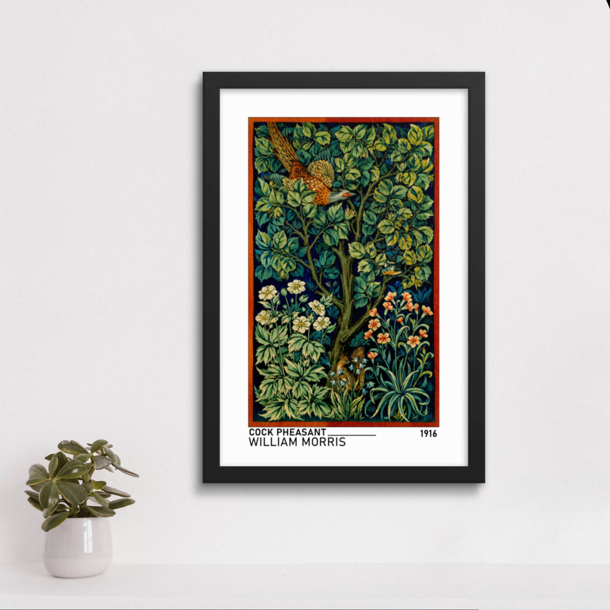 William Morris Cock Pheasant Framed Print in a cosy dining room